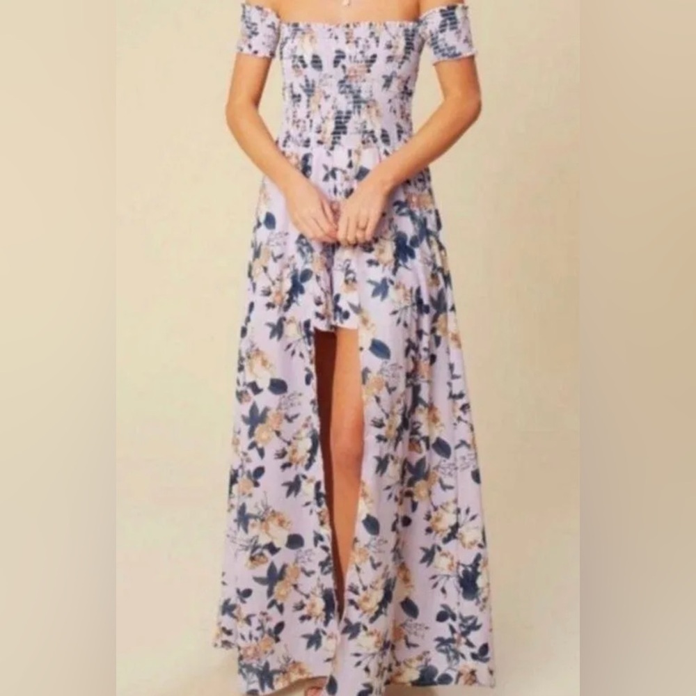 Off the shoulder floral purple romper with maxi train, size M